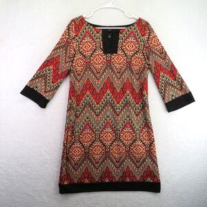 RMLL Dress Womens 8 Boho Geometric Print 3/4 Sleeve Tunic Retro V Neck